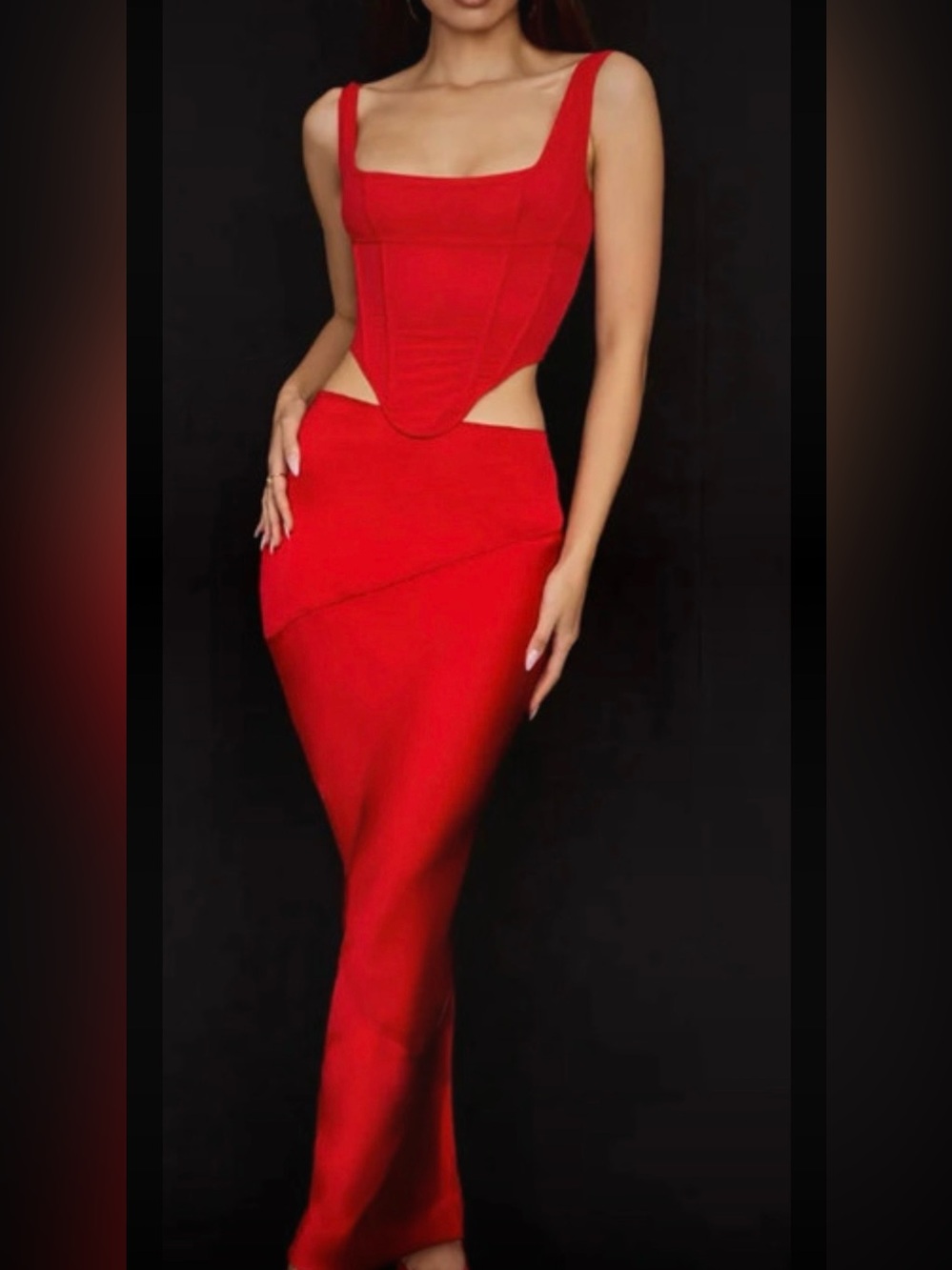 House of CB Red Cutout Maxi Dress with Sculpted Corset
